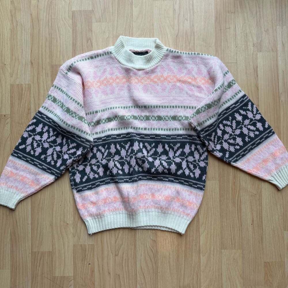 Vintage Pastel Floral Knit Mock Neck 80s Ski Sweater by La Venture Grandmacore